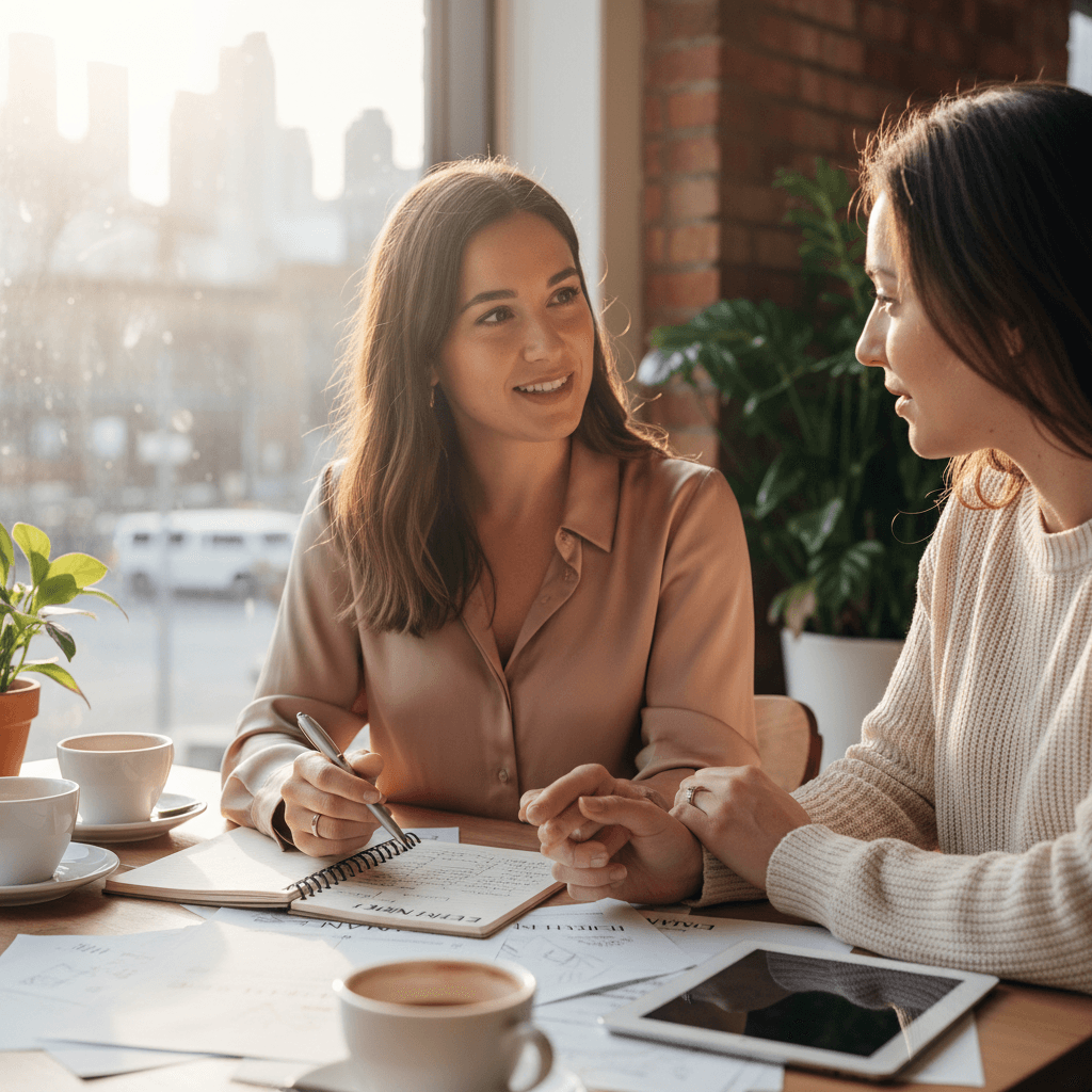 Event planner reviewing a timeline notebook with a client at a café