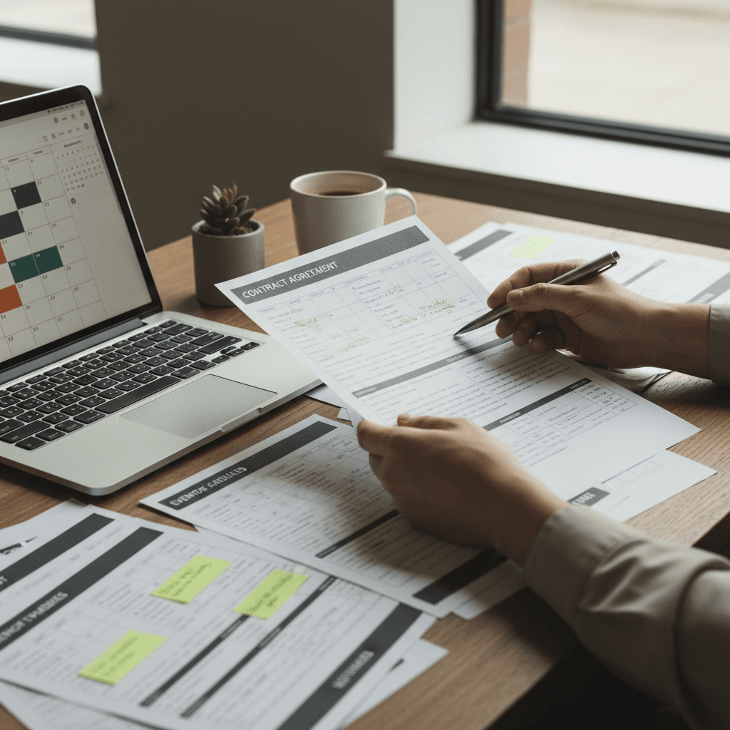 Planner reviewing vendor contracts and timelines at a workspace
