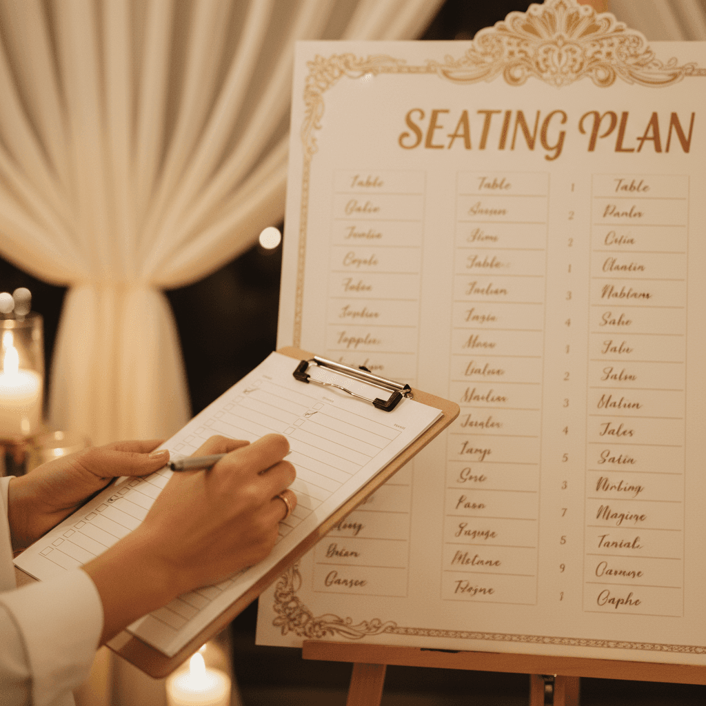 Coordinator checking a checklist beside a wedding seating chart