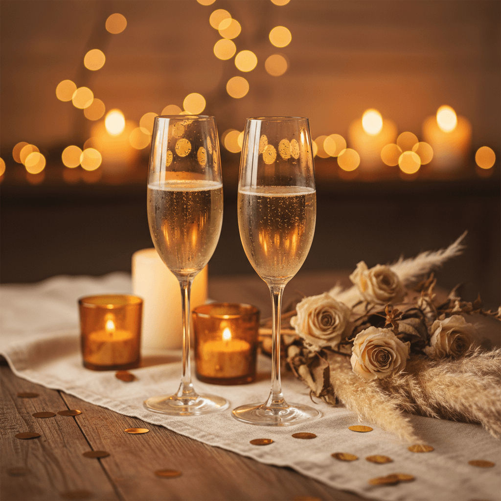 Champagne glasses on a styled table at an evening celebration