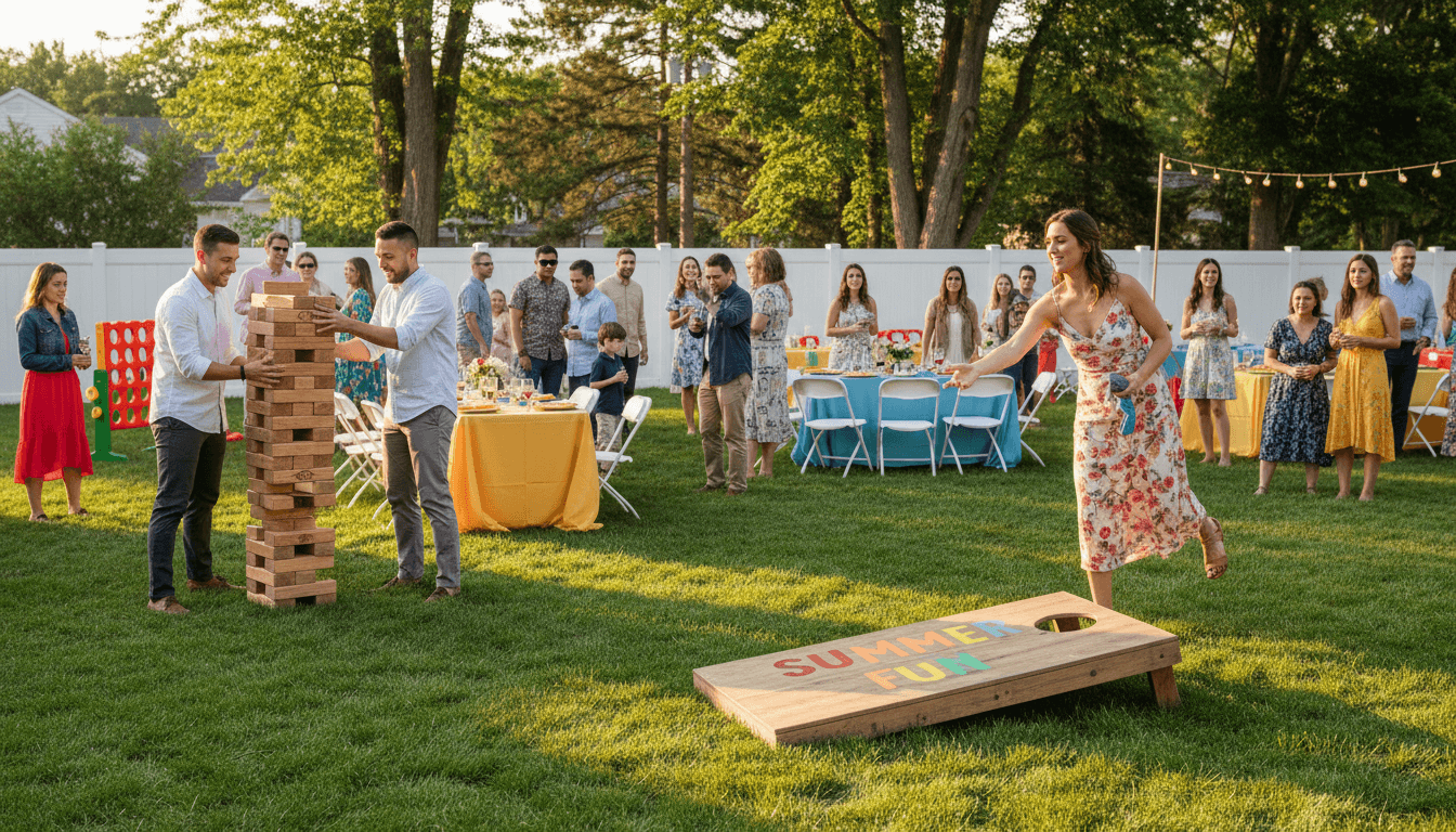 Backyard birthday party with string lights and a farmhouse table