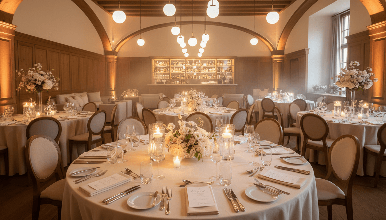 Stylish event venue in Toronto with string lights and round tables