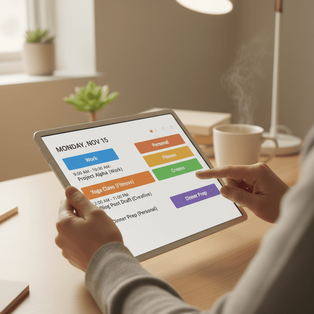 Hands checking off items on an event timeline tablet