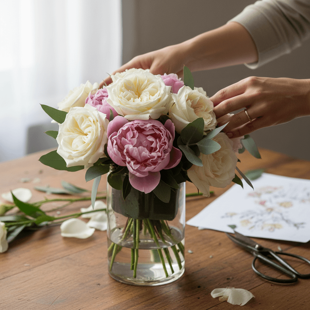 Florist adjusting a white orchid centerpiece