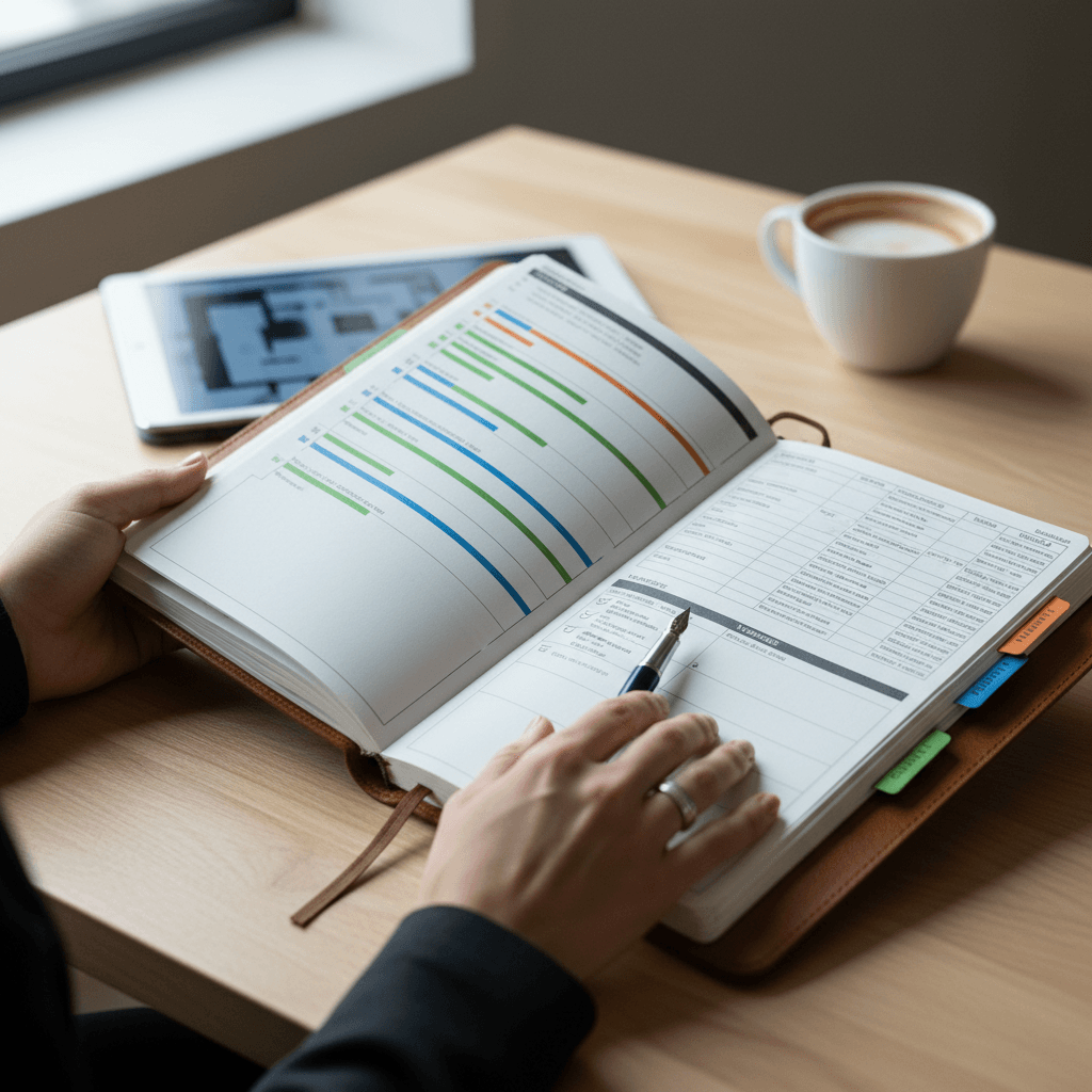 Event planner reviewing a timeline and notes at a wooden table
