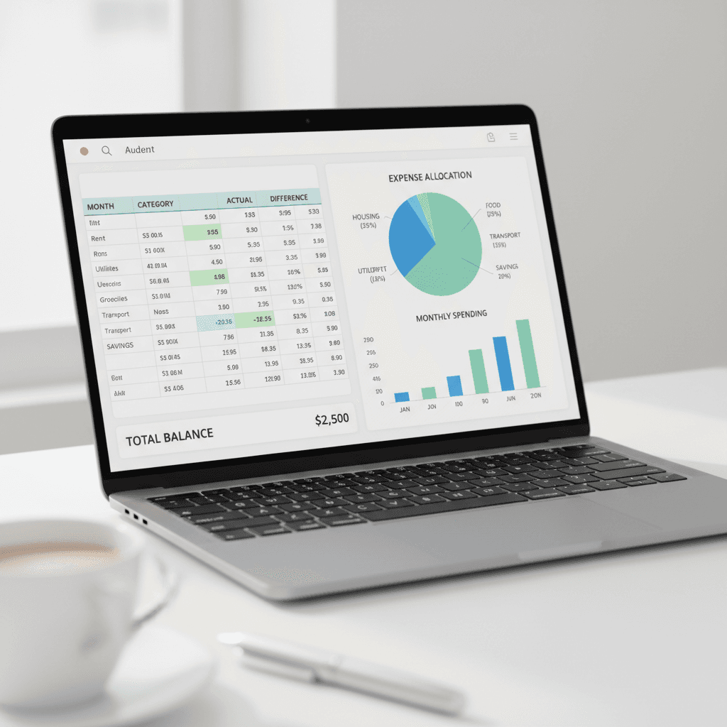 Event budget spreadsheet on a desk with a coffee cup