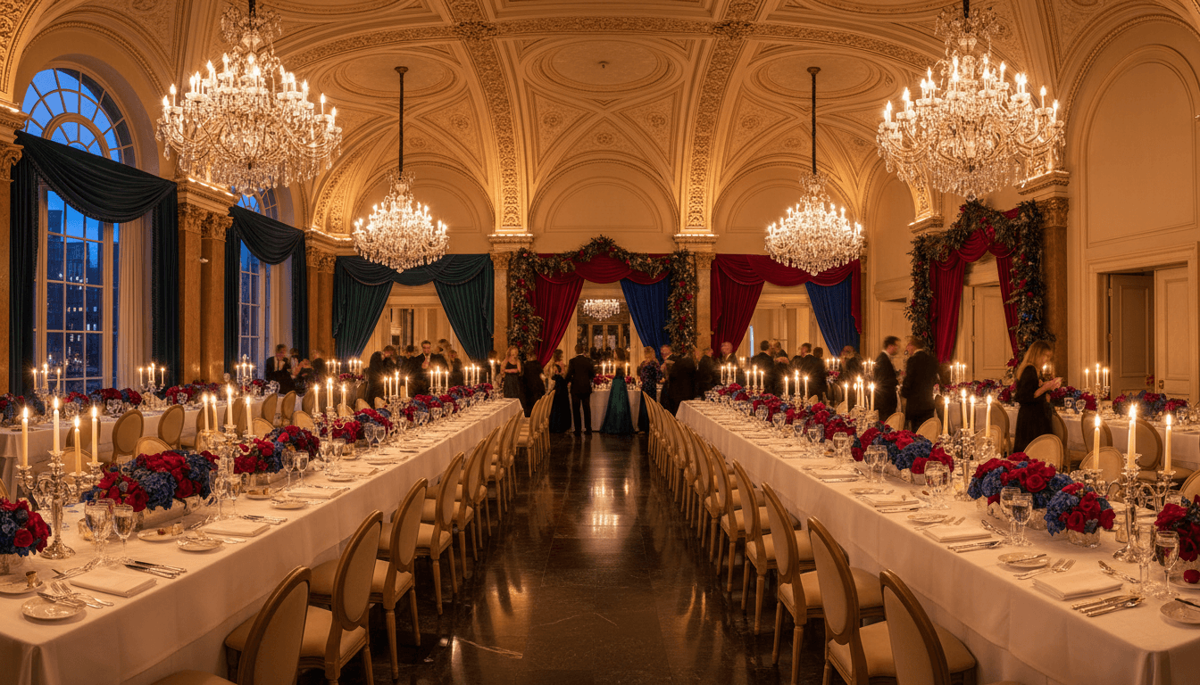 Corporate gala ballroom with stage lighting and round tables