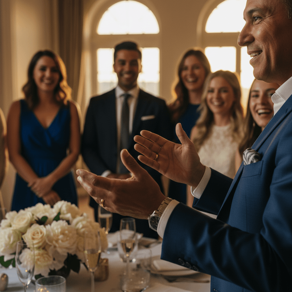 Event coordinator adjusting a table centerpiece during a reception