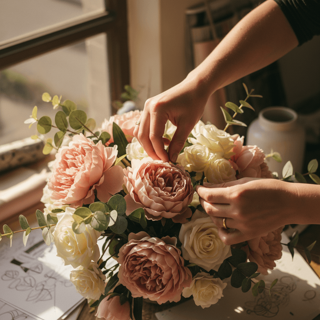 Event planner arranging flowers on a linen table with a seating chart nearby