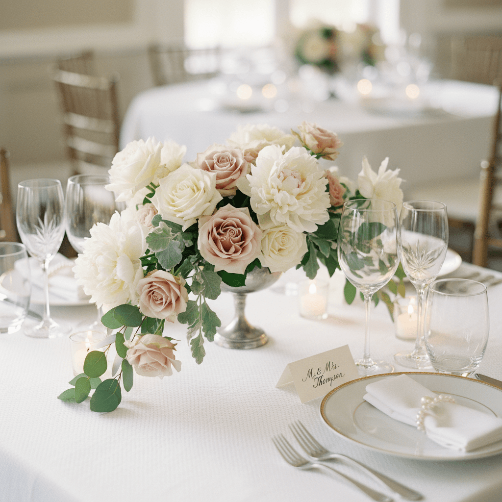 Event planner's hands arranging white and blush flowers on an elegant tablescape in a bright Toronto venue