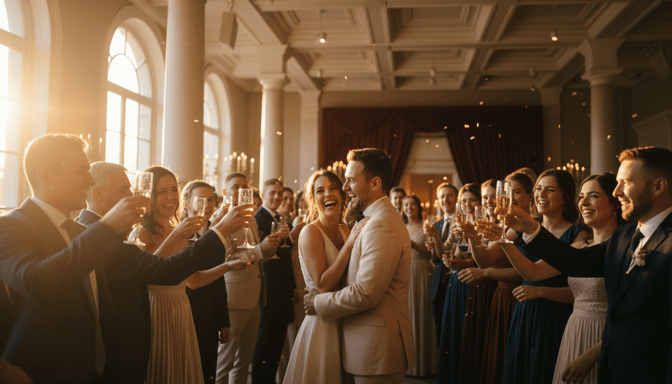 Guests laughing together at an outdoor private celebration during golden hour