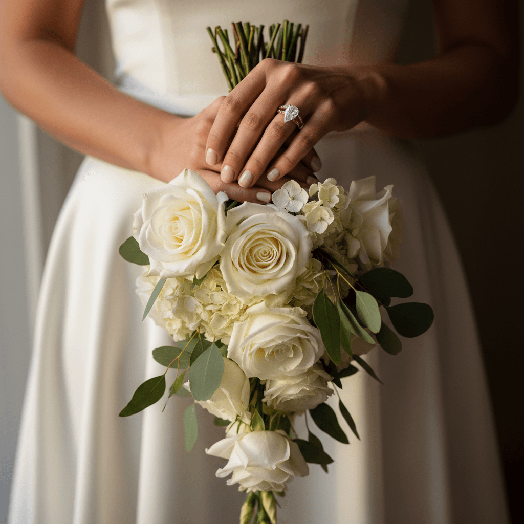 Venue stylist arranging white and blush flowers on a wedding reception table
