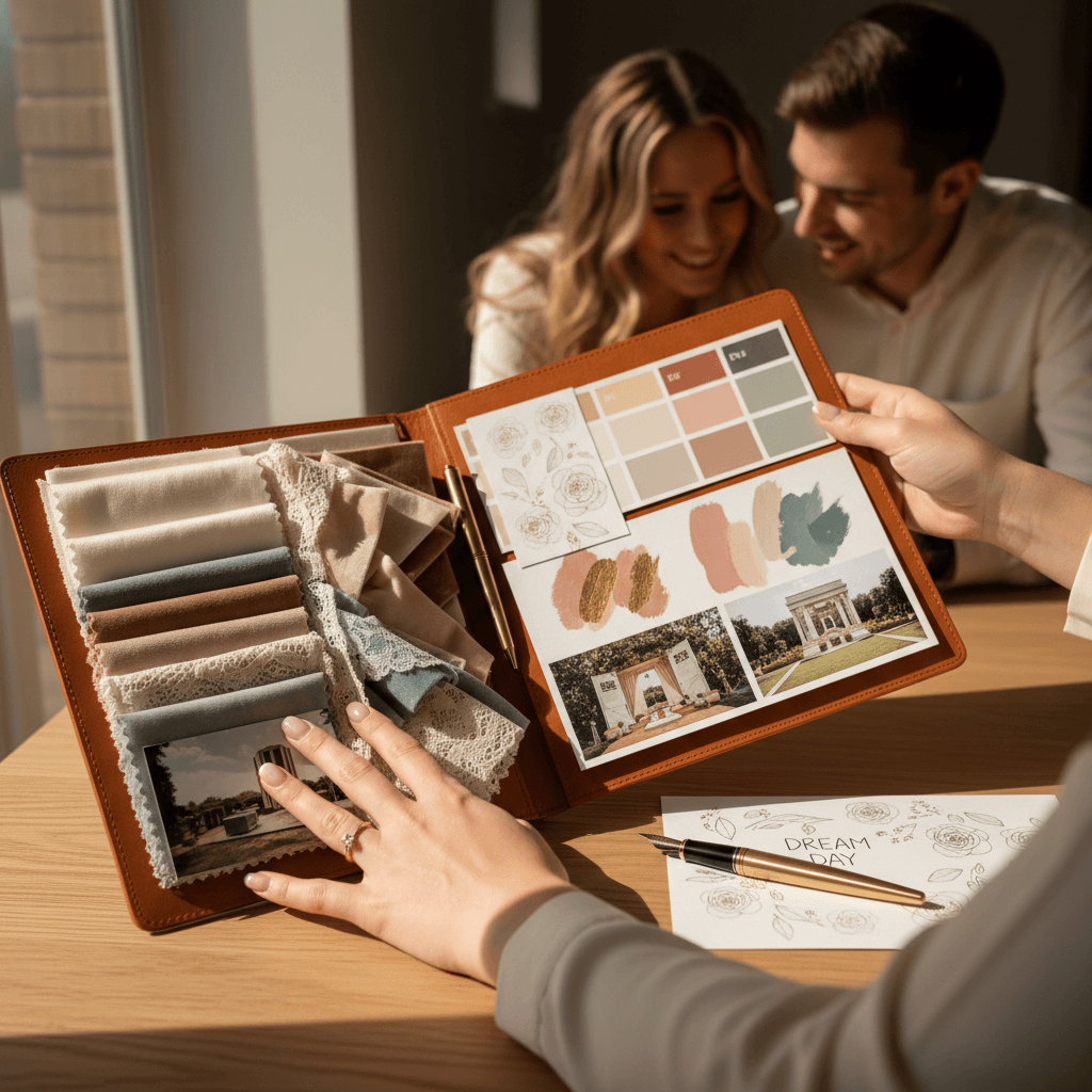 Event planning mood board with fabric swatches and floral samples on a wooden table