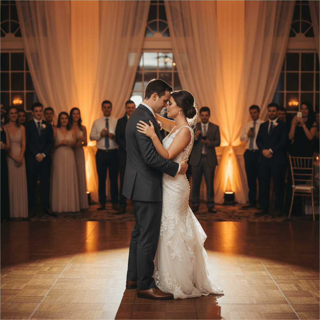 First dance in a candlelit celebration space
