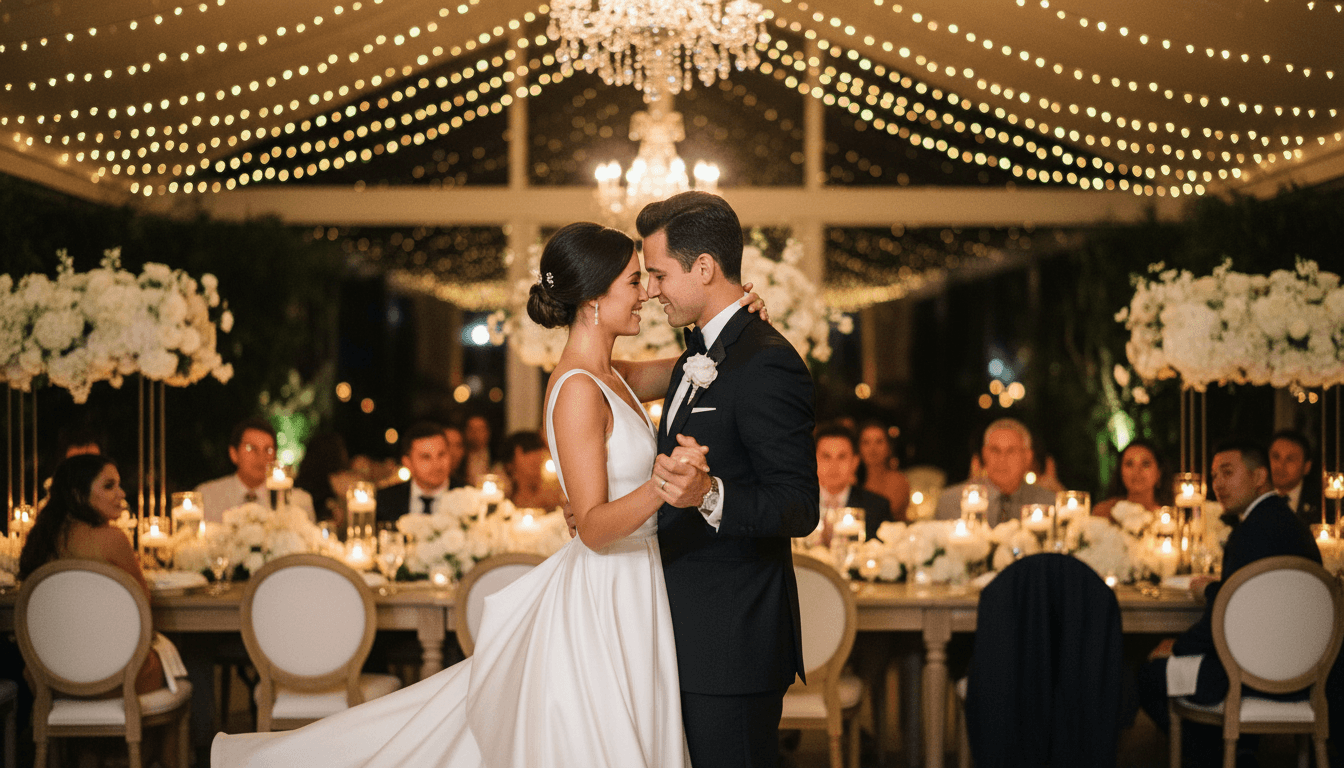 Rooftop wedding reception with long tables and city views
