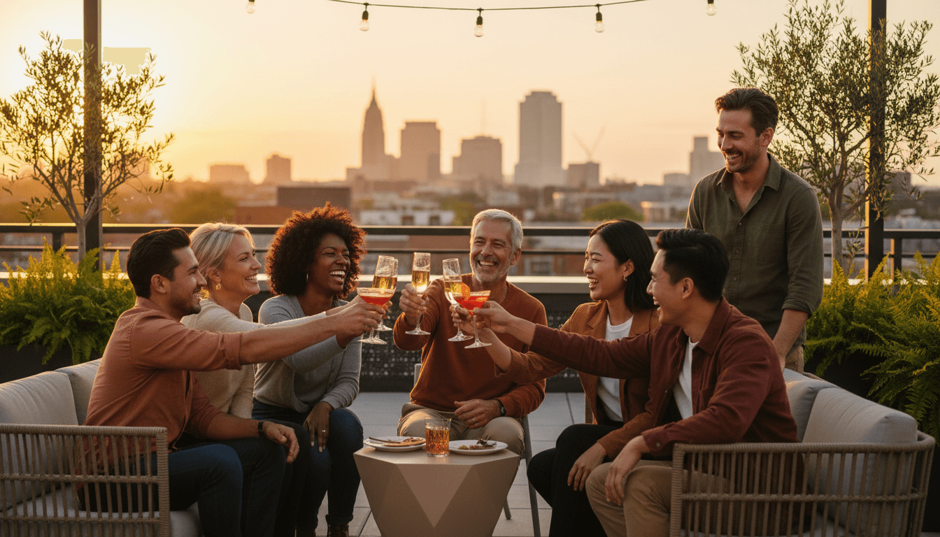 Couple laughing at a rooftop corporate event