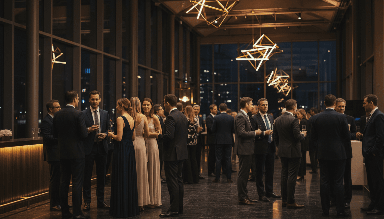 Corporate gala reception with guests mingling under warm string lights