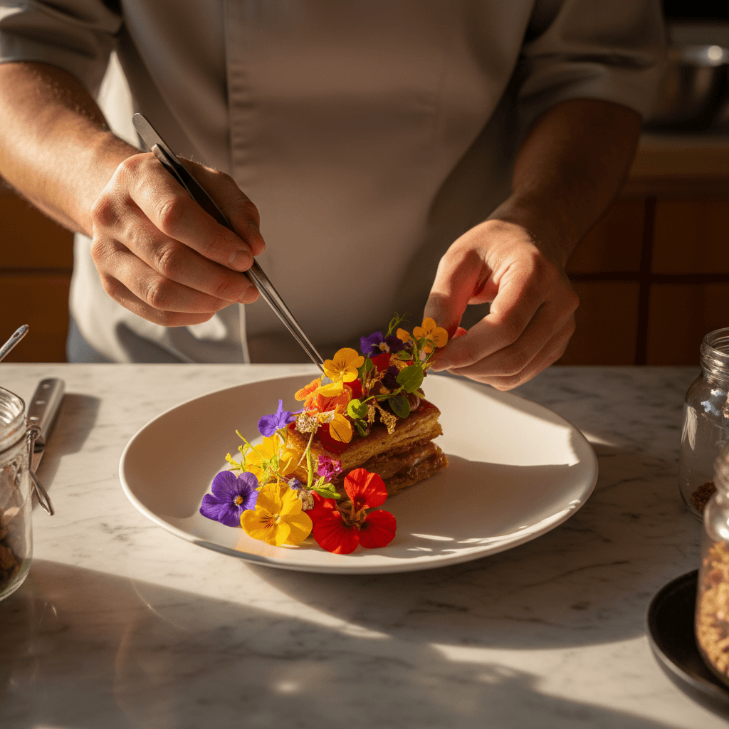 Catering team plating desserts at a garden party